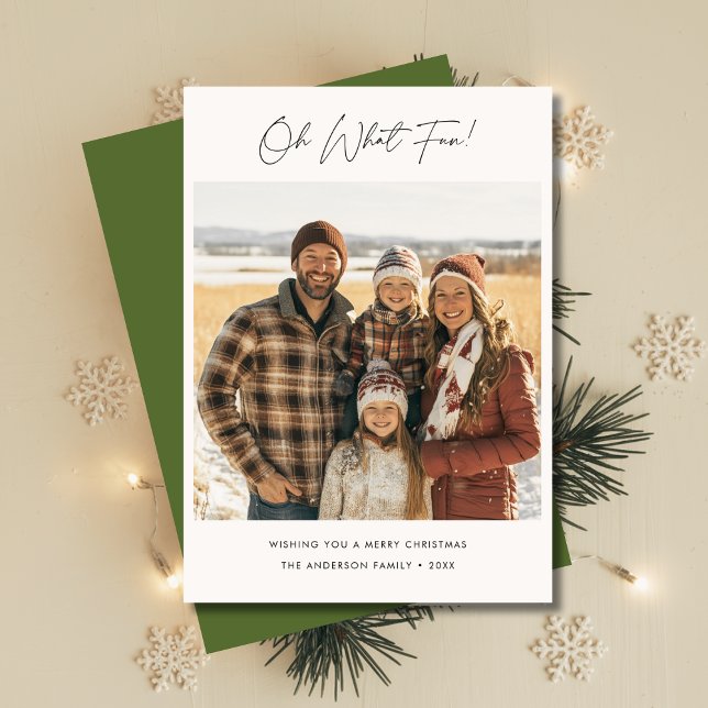Cartes Pour Fêtes Annuelles Script Oh What Fun Christmas Famille Photo Vert (Créateur téléchargé)