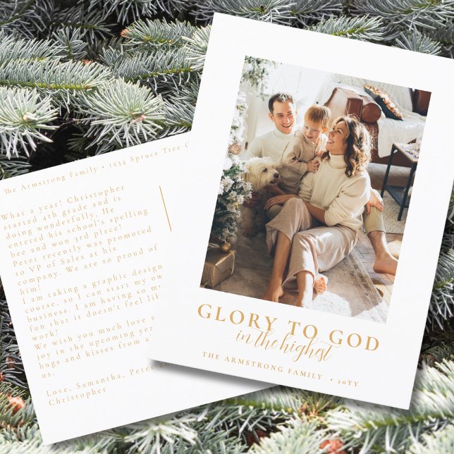 Cartes Pour Fêtes Annuelles Script Or moderne Photo de Noël religieuse (Religious Christmas postcard in simple, minimalist style with family photo and Bible verse)