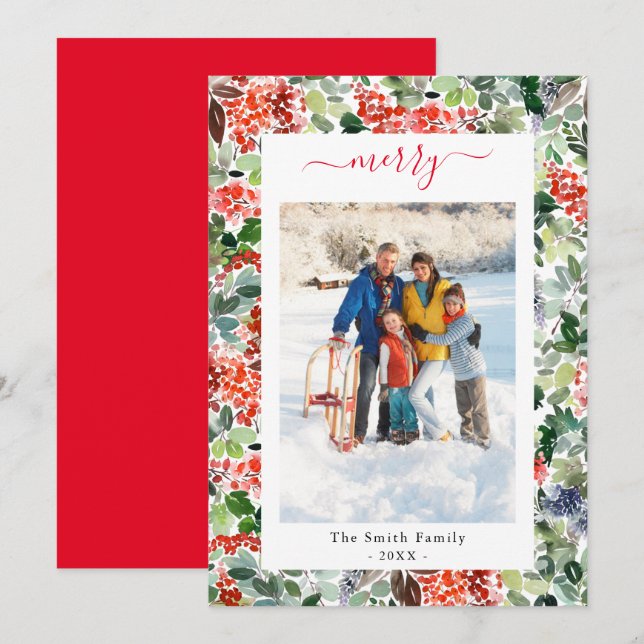 Cartes Pour Fêtes Annuelles Script personnalisé Merry Photo Flat Holiday Card (Devant / Derrière)