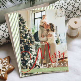 Cartes Pour Fêtes Annuelles Script Photo Bandes Rouges et Vertes Joyeux Noël