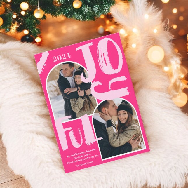 Cartes Pour Fêtes Annuelles Script rose rétro 2 photos arche Joyful Noël (Retro pink script 2 photos arch Joyful Christmas Holiday Card)