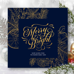 Cartes Pour Fêtes Annuelles Scripts or floral floral de pin bleu marine modern