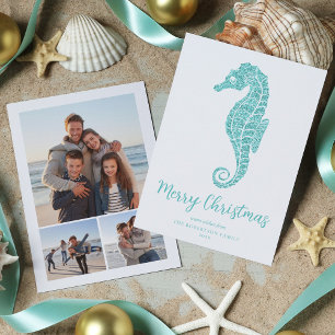 Cartes Pour Fêtes Annuelles Seahorse Aqua Parties scintillant Bleue Plage Noël