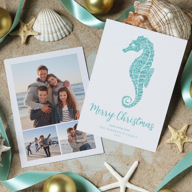 Cartes Pour Fêtes Annuelles Seahorse Aqua Parties scintillant Bleue Plage Noël (Créateur téléchargé)