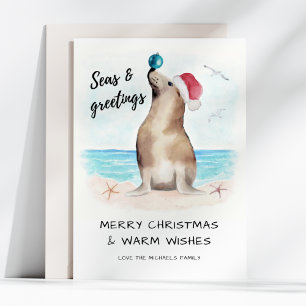 Cartes Pour Fêtes Annuelles Seal Père Noël Seas et salutations Noël côtier