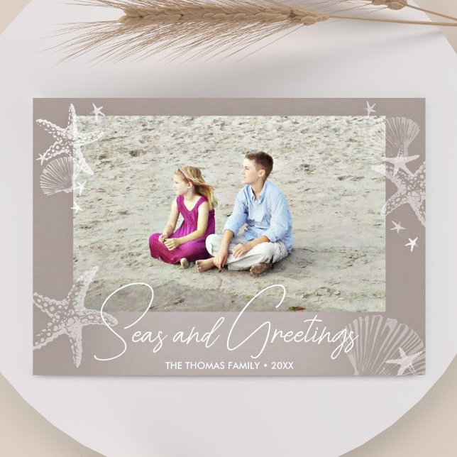 Cartes Pour Fêtes Annuelles Seas & salutations Chic Neutral Photo Plage Starfi (Créateur téléchargé)