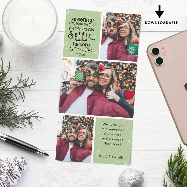 Cartes Pour Fêtes Annuelles sELFie Salutations, Neige sur Vert, 3 Photos (Créateur téléchargé)