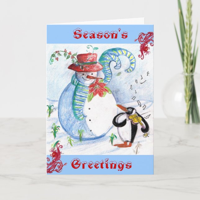 Cartes Pour Fêtes Annuelles SÉRÉNADE Hivernale de Bonhomme de Neige et Manchot (Devant)