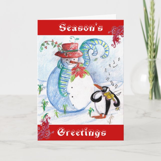 Cartes Pour Fêtes Annuelles SÉRÉNADE Hivernale de BONHOMME DE NEIGE et MANCHOT (Devant)