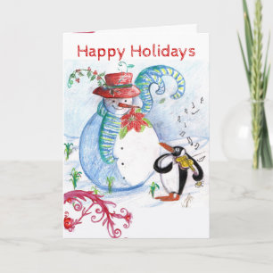 Cartes Pour Fêtes Annuelles SERENADE Hivernale de BONHOMME de NEIGE et MANCHOT