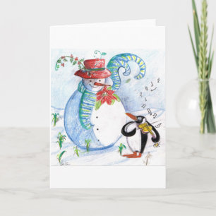 Cartes Pour Fêtes Annuelles SERENADE Hivernale de BONHOMME DE NEIGE et MANCHOT