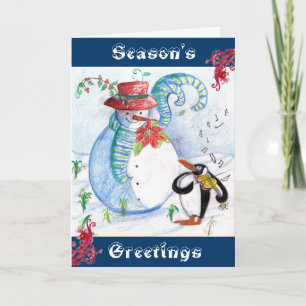 Cartes Pour Fêtes Annuelles SÉRÉNADE Hivernale de BONHOMME DE NEIGE et MANCHOT