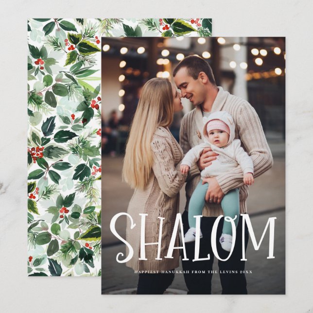 Cartes Pour Fêtes Annuelles Shalom White Lettering Overlay Photo Hanoukka (Devant / Derrière)