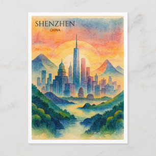 Cartes Pour Fêtes Annuelles Shenzhen Chine Aquarelle Skyline Souvenir