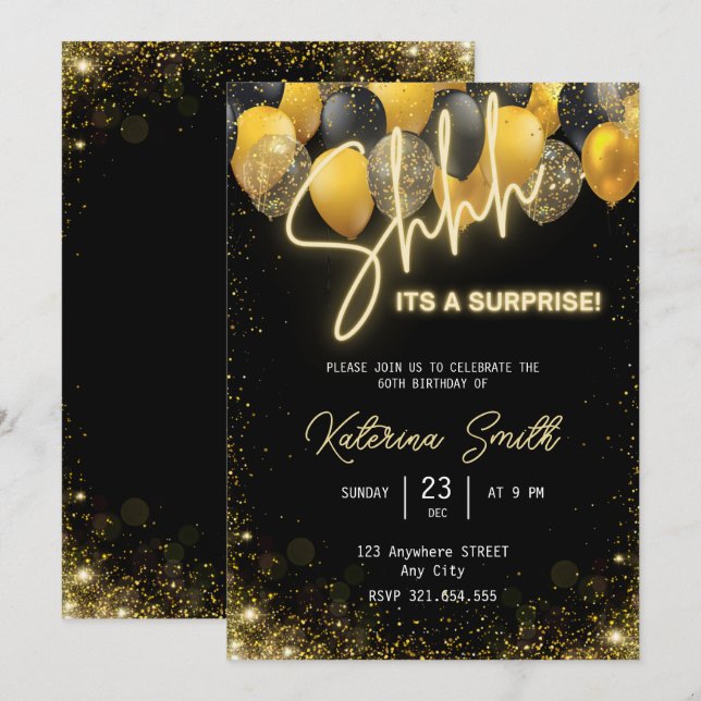Cartes Pour Fêtes Annuelles Shhh c'est une surprise Gold Black Birthday Invita (Devant / Derrière)