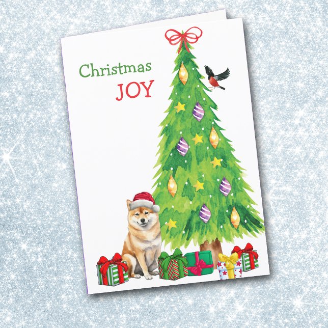 Cartes Pour Fêtes Annuelles Shiba Inu Chien, Oiseau et Arbre de Noël (Créateur téléchargé)