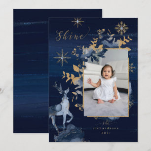 Cartes Pour Fêtes Annuelles Shine Navy Gold Snowflakes Reindeer & Jewers Photo