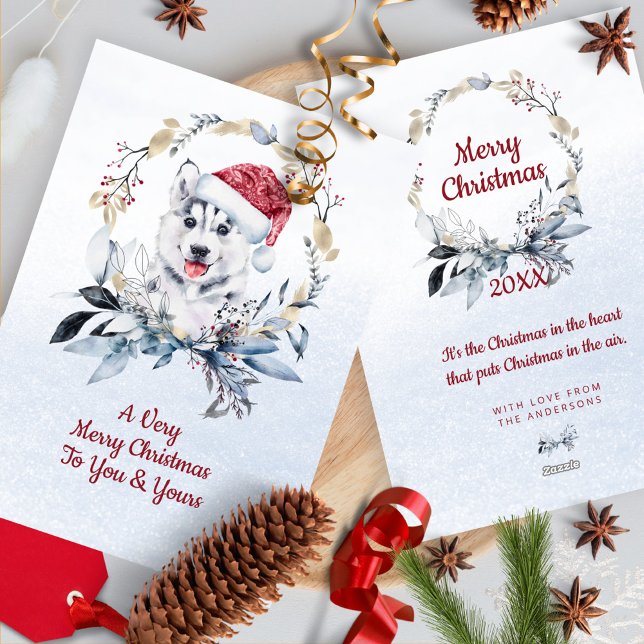 Cartes Pour Fêtes Annuelles Sibérien Husky Winter Nom de famille Couple Photo (Créateur téléchargé)