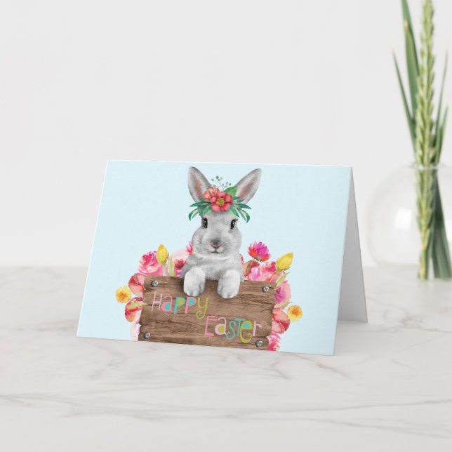 Cartes Pour Fêtes Annuelles SIGNE Floral EN BOIS Lapin Pâques (Devant)