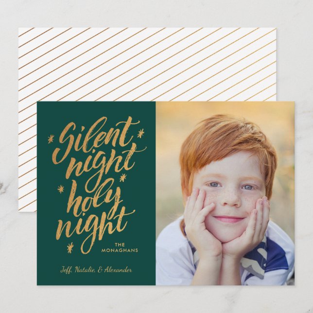Cartes Pour Fêtes Annuelles Silence Night Gold Foil Noël Photo Green (Devant / Derrière)