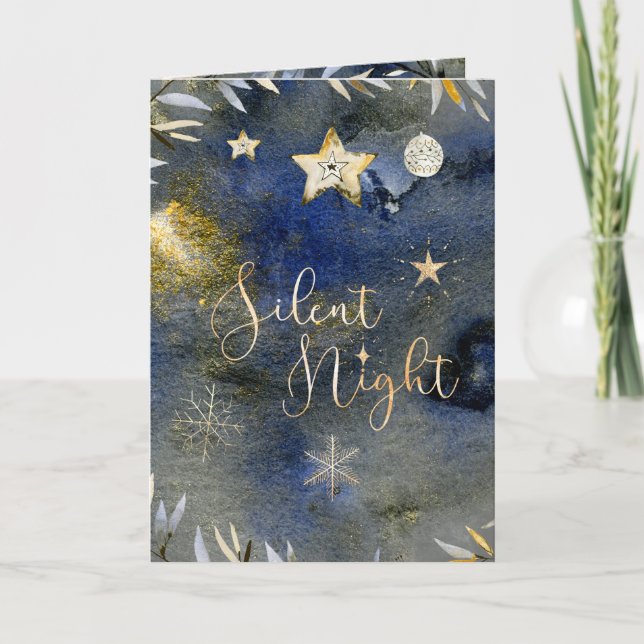 Cartes Pour Fêtes Annuelles Silent Night Blue Gold Festive Vacances Aquarelle (Devant)