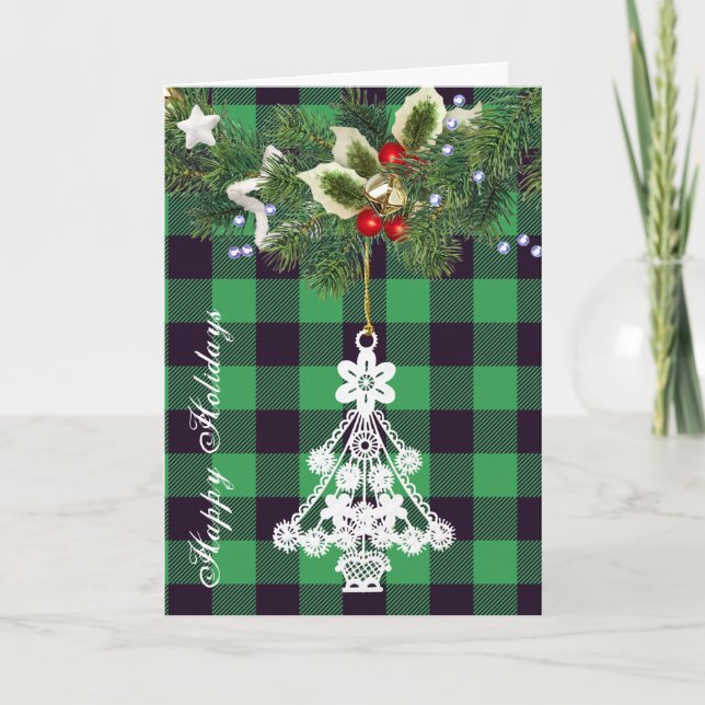 Cartes Pour Fêtes Annuelles Silhouette d'arbre de Noël à carreaux vert Buffalo (Devant)
