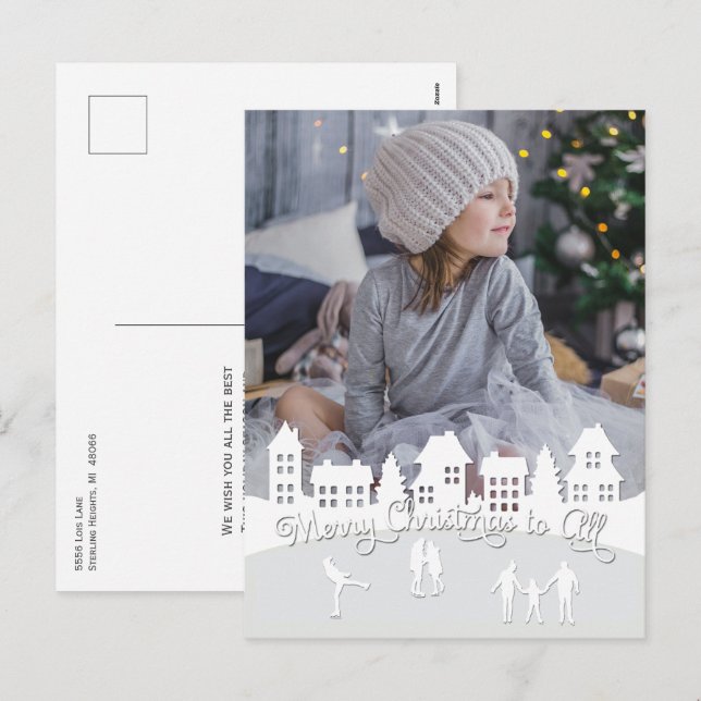 Cartes Pour Fêtes Annuelles Silhouette Village blanc neige de Noël (Devant / Derrière)