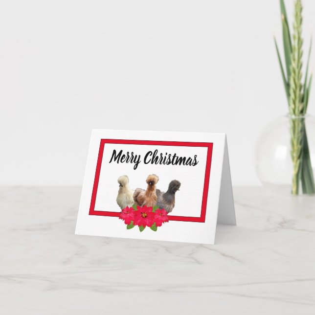 Cartes Pour Fêtes Annuelles Silkie Bantam poulet Noël Poinsetta RedFrame (Devant)