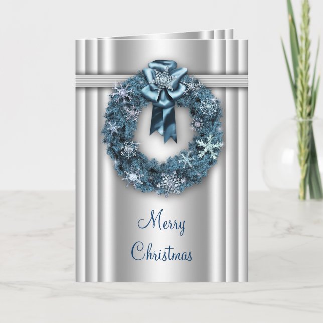 Cartes Pour Fêtes Annuelles Silver Blue Wreath Entreprise Noël (Devant)