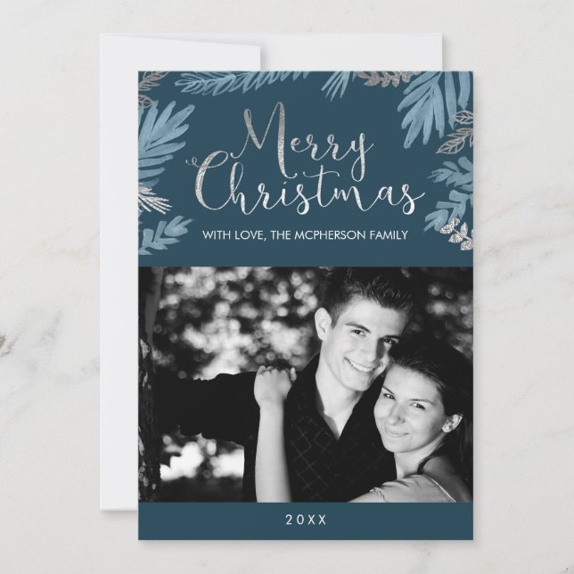 Cartes Pour Fêtes Annuelles Silver et Feuilles bleus Joyeux Noël Photo (Devant)