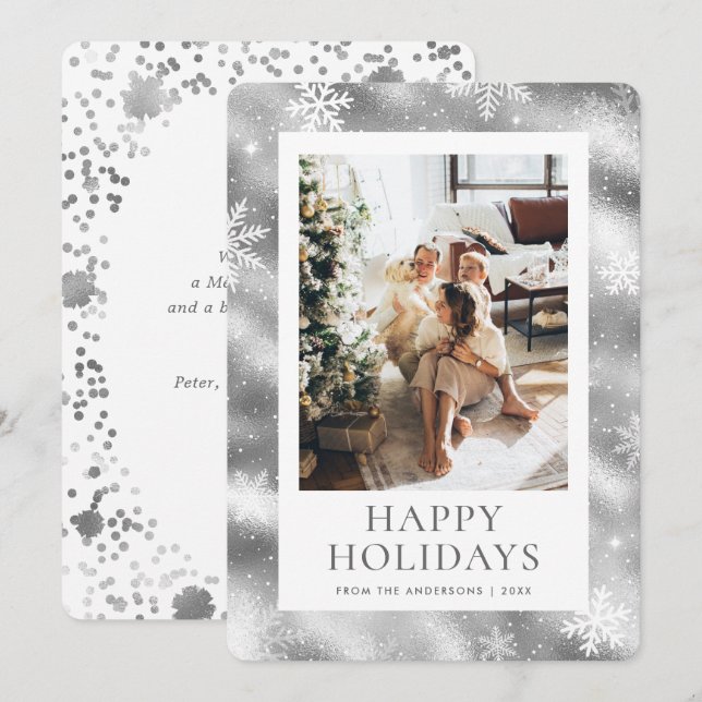 Cartes Pour Fêtes Annuelles Silver Happy Holidays Snowflake Photo Neige (Devant / Derrière)