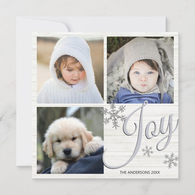 Cartes Pour Fêtes Annuelles Silver Snowflake Joy Script 3 Photo Collage (Devant)