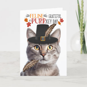 Cartes Pour Fêtes Annuelles Silvery Tabby Cat Feline Grateful pour PURRkey Day