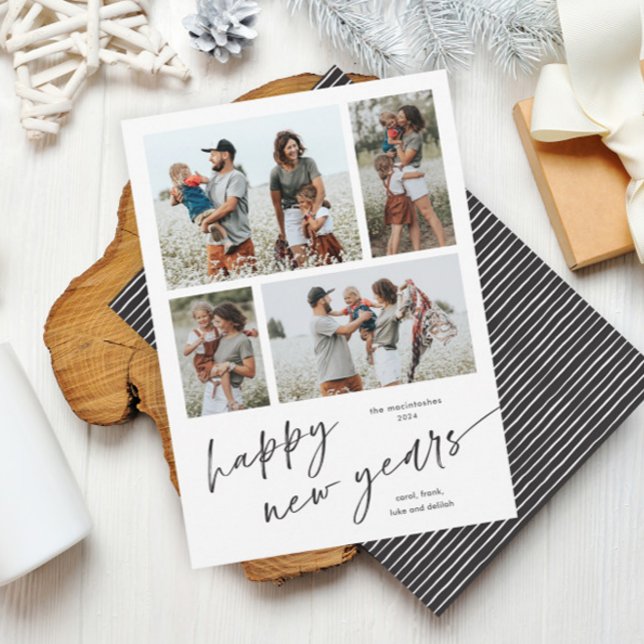 Cartes Pour Fêtes Annuelles Simple 4 Photo Collage Script Bonne Nouvelle Année (A simple script 4 photo collage black and white happy new years holiday card.)