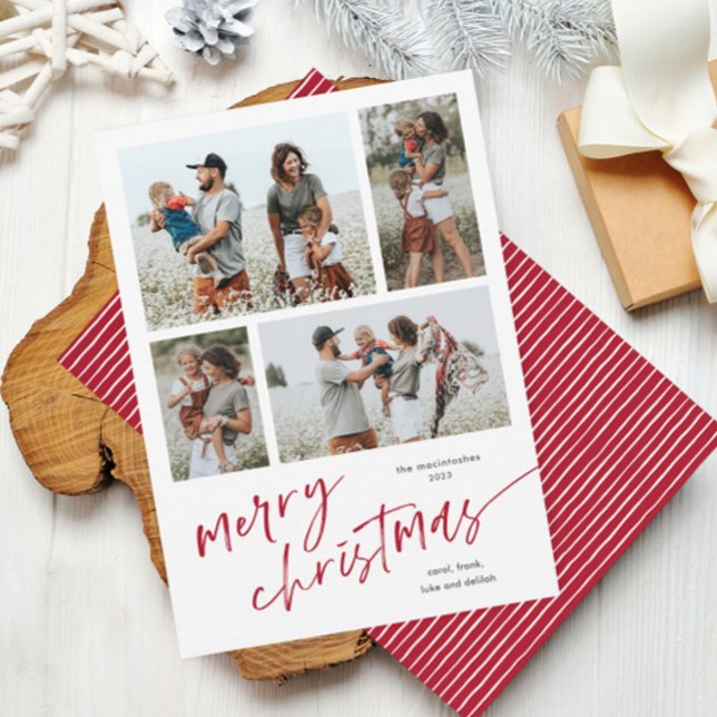 Cartes Pour Fêtes Annuelles Simple 4 photo Collage Script Joyeux Noël (Modern script merry christmas 4 photo collage minimal red and white Christmas holiday card.)