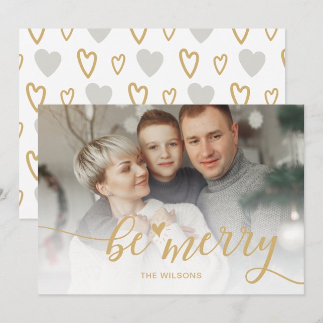 Cartes Pour Fêtes Annuelles Simple Be Merry Script Hearts mignonne Gold photo (Devant / Derrière)