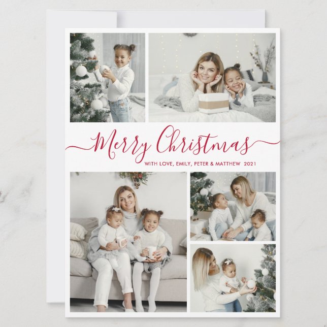 Cartes Pour Fêtes Annuelles Simple Blanc Rouge 5 Photo Collage Noël (Devant)