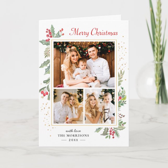 Cartes Pour Fêtes Annuelles Simple Chic Holly Berries Joyeux Noël 3 Photo (Devant)