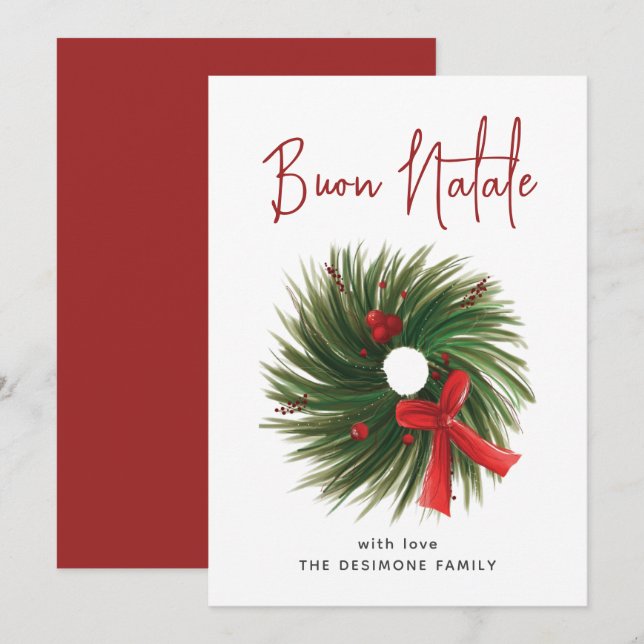 Cartes Pour Fêtes Annuelles Simple Couronne de Noël à l'aquarelle Buon Natale  (Devant / Derrière)