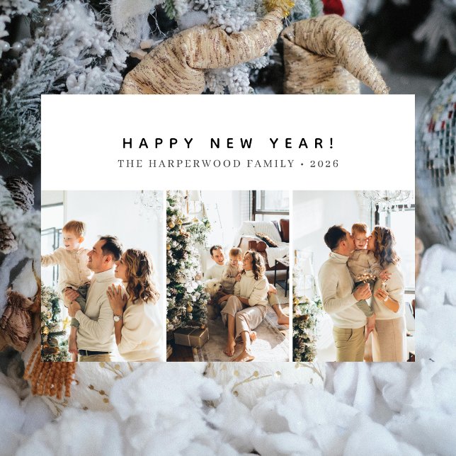 Cartes Pour Fêtes Annuelles Simple Elegant Modern Happy New Year Three Photo (Créateur téléchargé)