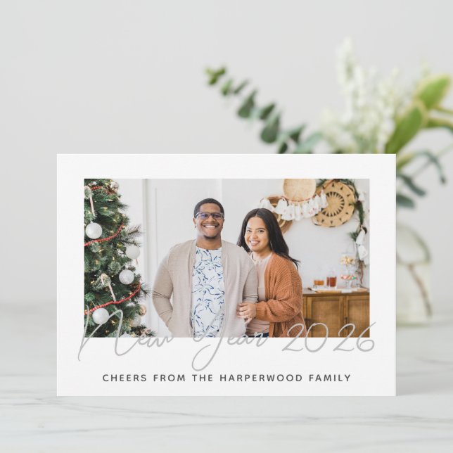 Cartes Pour Fêtes Annuelles Simple Elégant Moderne Joyeux Nouvel An Quatre Pho (Debout devant)