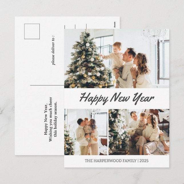 Cartes Pour Fêtes Annuelles Simple Élégant Moderne Joyeux Nouvel An Trois Phot (Devant / Derrière)