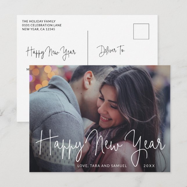 Cartes Pour Fêtes Annuelles Simple Elegant Script Photo Nouveau An Moderne (Devant / Derrière)