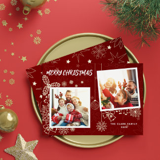 Cartes Pour Fêtes Annuelles Simple élégante Rouge foncé 2 cadres photo Famille