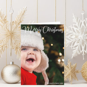 Cartes Pour Fêtes Annuelles Simple élégante White Script Photo de Noël pliée