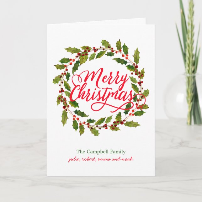 Cartes Pour Fêtes Annuelles Simple Holly Wreath Joyeux Noël (Devant)