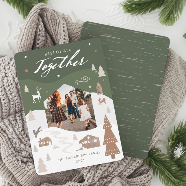 Cartes Pour Fêtes Annuelles Simple Joy Woodland Animaux & Cosy Village Photo (Simple Joy Woodland Animals & Cozy Village Photo Holiday Card)