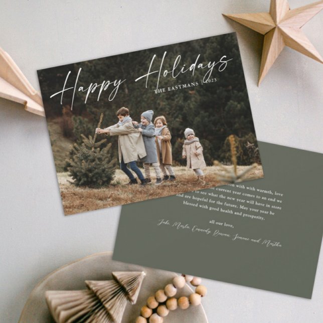 Cartes Pour Fêtes Annuelles Simple manuscrit Joyeux Photo écriture (A simple photo holiday card with handwritten Happy Holidays script typographic overlay.)