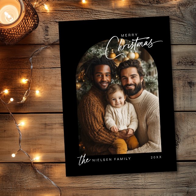 Cartes Pour Fêtes Annuelles Simple noir blanc Joyeux Noël Script Photo (Shown on a 5" x 7" card)