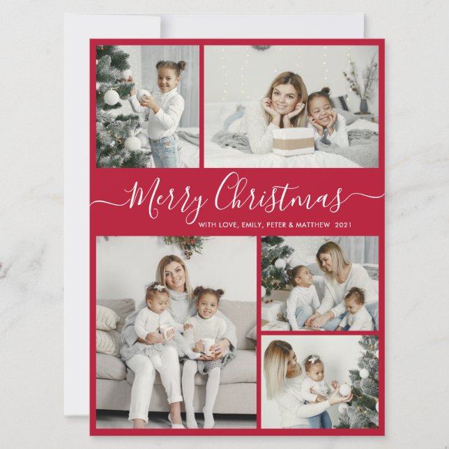 Cartes Pour Fêtes Annuelles Simple Red White 5 Photo Collage Noël (Devant)